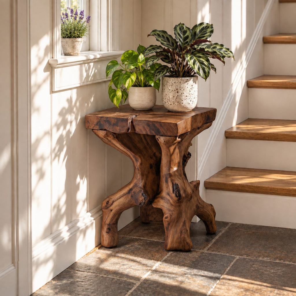 Live Edge Slab End Table on Root Base, Rustic Solid Wood Side Table for Entryway or Stairway