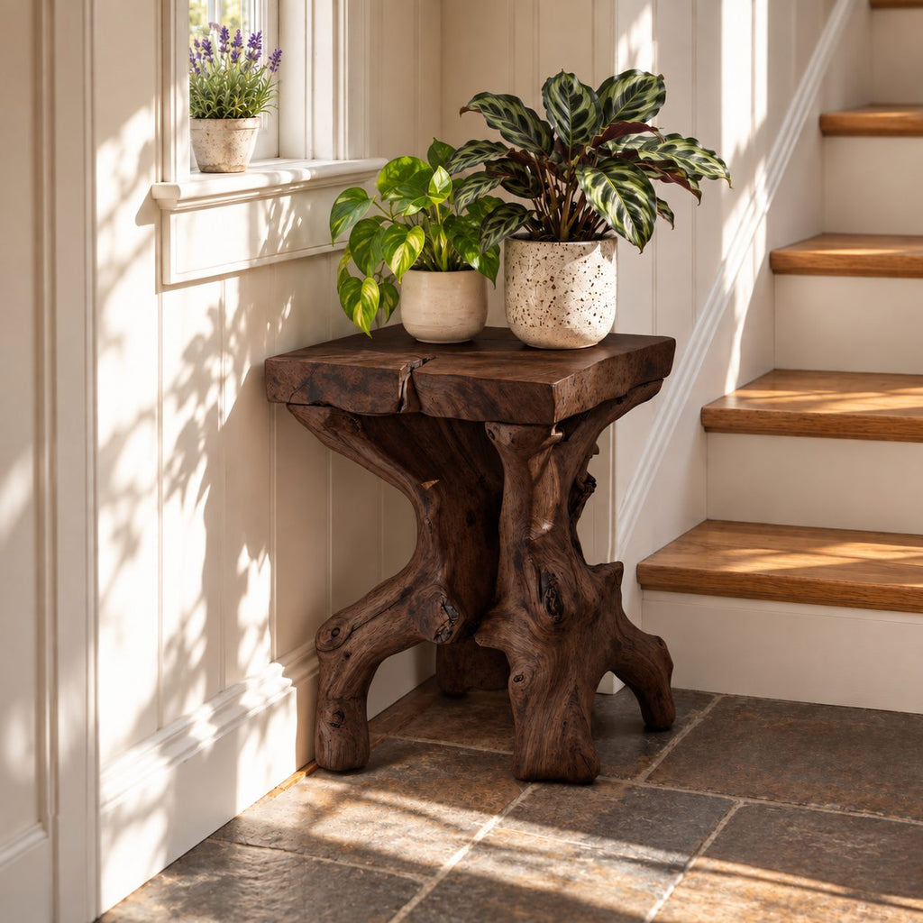 Live Edge Slab End Table on Root Base, Rustic Solid Wood Side Table for Entryway or Stairway