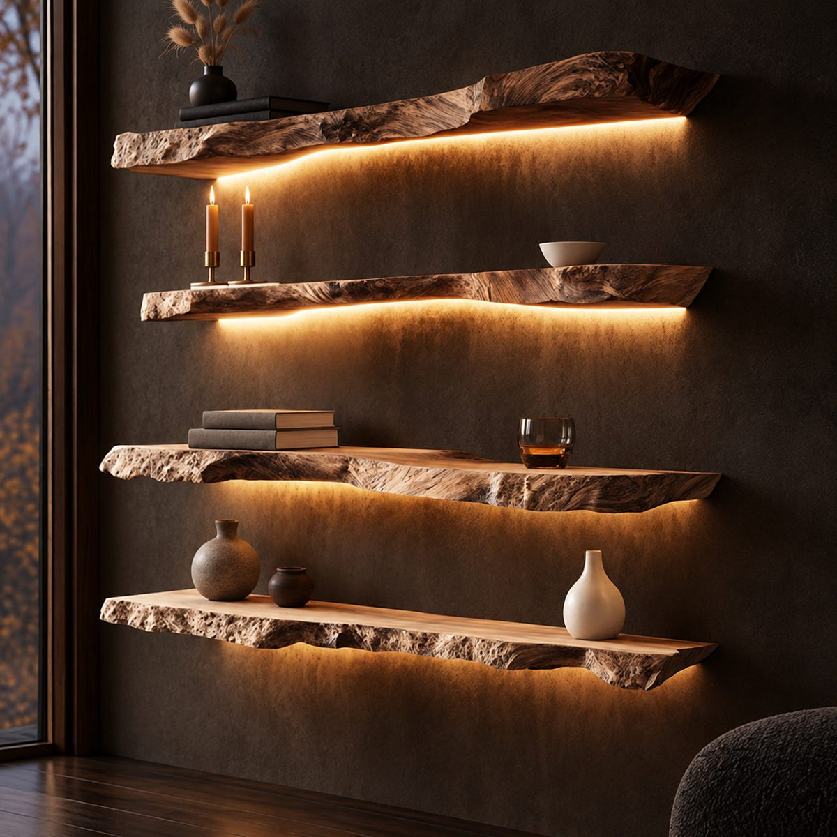 Floating Bookshelf Live Edge Solid Wood Wall Shelf with Rough Natural Edge for Living Room