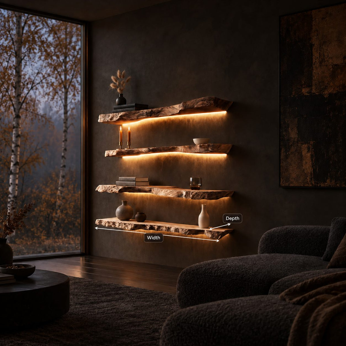 Floating Bookshelf Live Edge Solid Wood Wall Shelf with Rough Natural Edge for Living Room