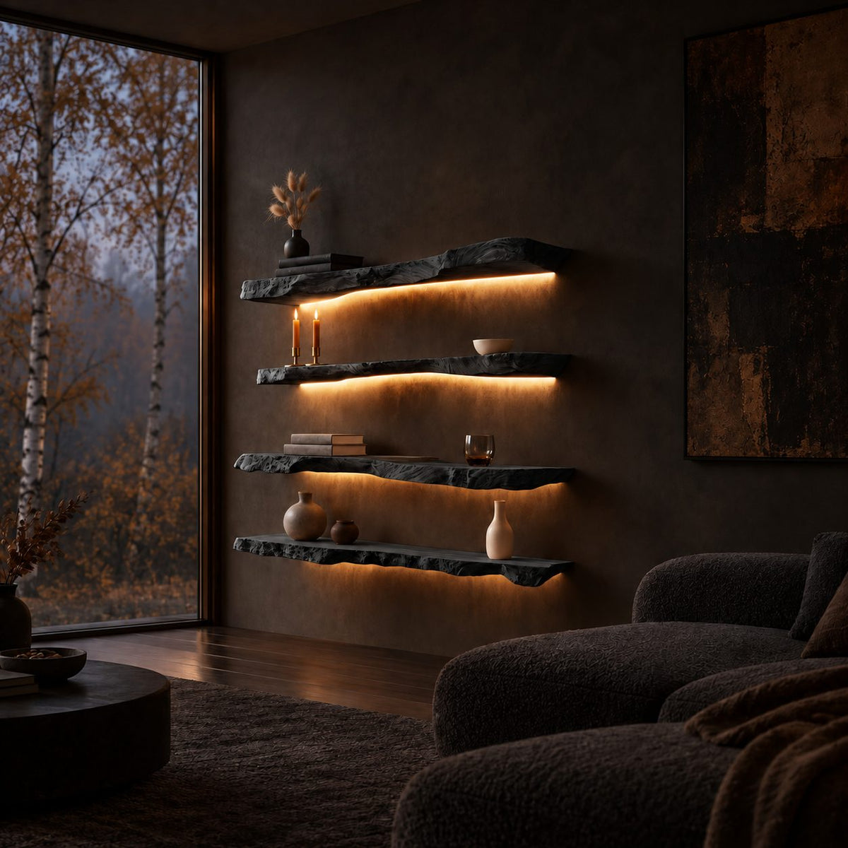 Floating Bookshelf Live Edge Solid Wood Wall Shelf with Rough Natural Edge for Living Room