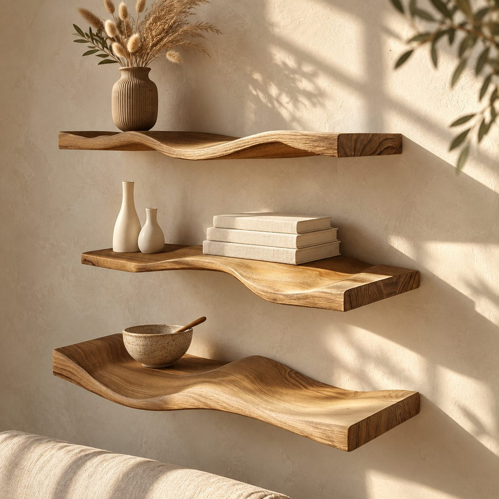 Wavy Floating Shelf Solid Wood Curved Wall Shelf with Sculpted Wave for Living Room or Bedroom