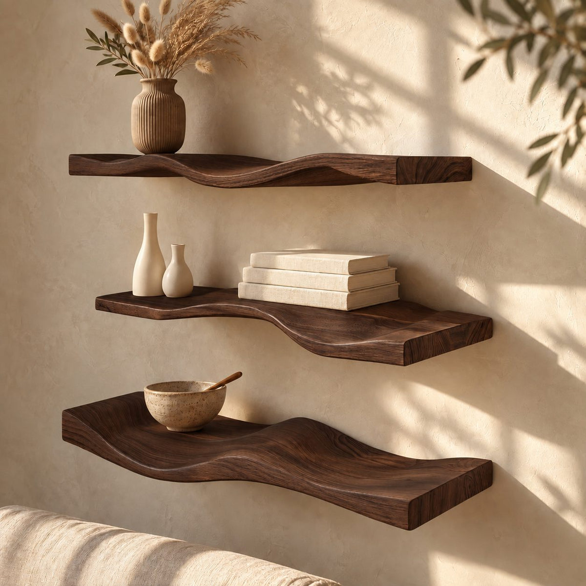 Wavy Floating Shelf Solid Wood Curved Wall Shelf with Sculpted Wave for Living Room or Bedroom