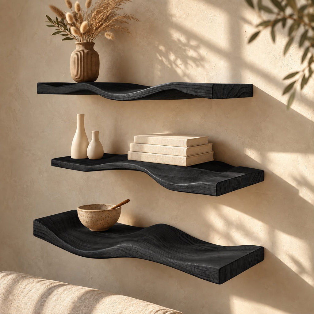 Wavy Floating Shelf Solid Wood Curved Wall Shelf with Sculpted Wave for Living Room or Bedroom