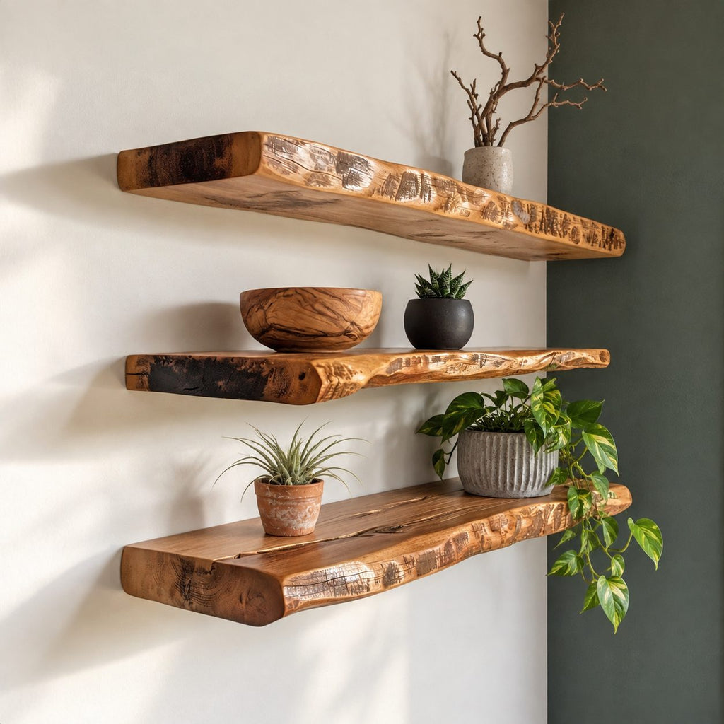 Thick Live Edge Floating Shelf, Solid Wood Slab Wall Shelf with Natural Edge for Living Room & Kitchen