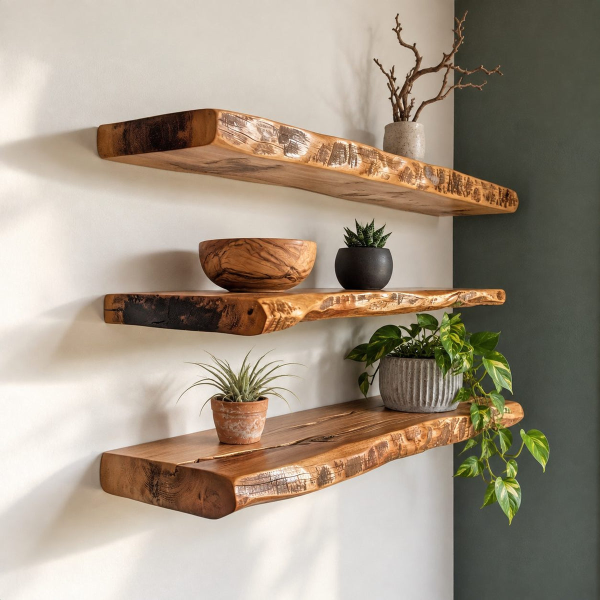 Thick Live Edge Floating Shelf, Solid Wood Slab Wall Shelf with Natural Edge for Living Room & Kitchen