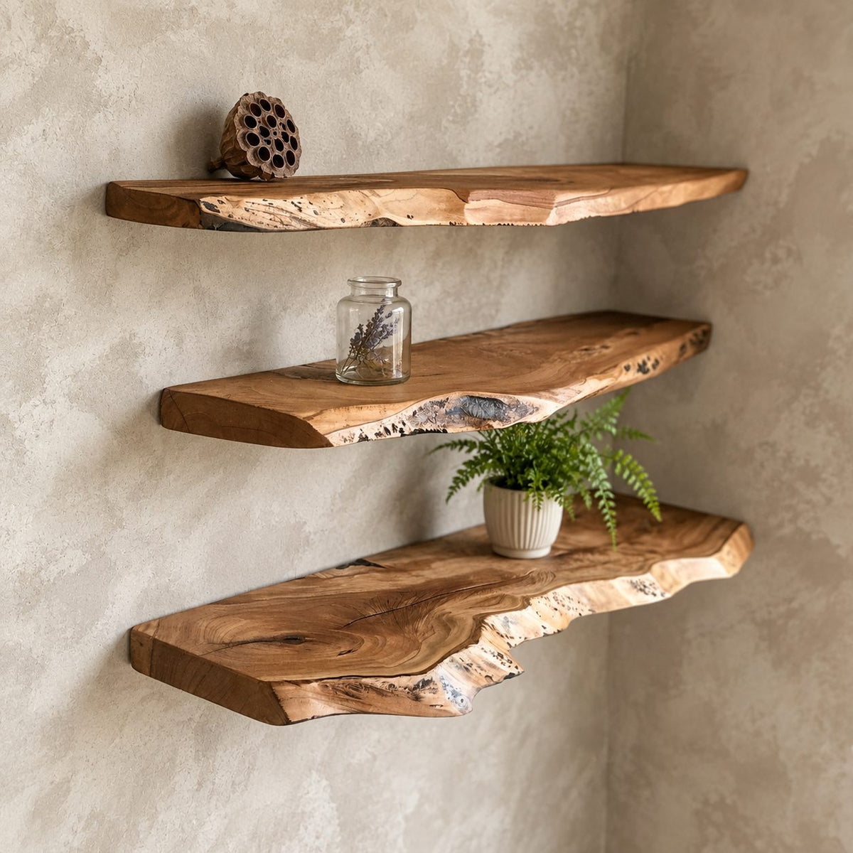 Thick Live Edge Floating Shelf, Solid Wood Slab Wall Shelf with Natural Edge for Living Room & Kitchen
