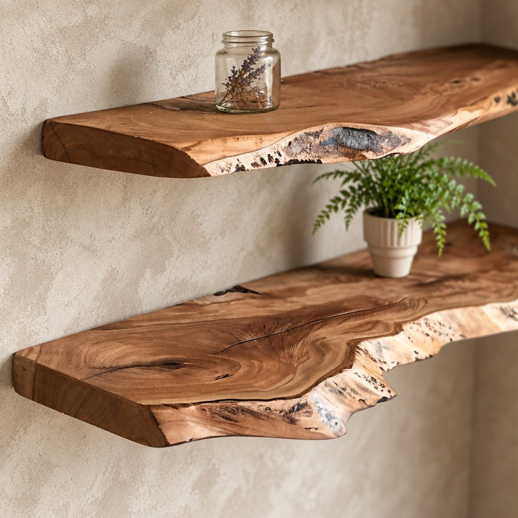 Thick Live Edge Floating Shelf, Solid Wood Slab Wall Shelf with Natural Edge for Living Room & Kitchen
