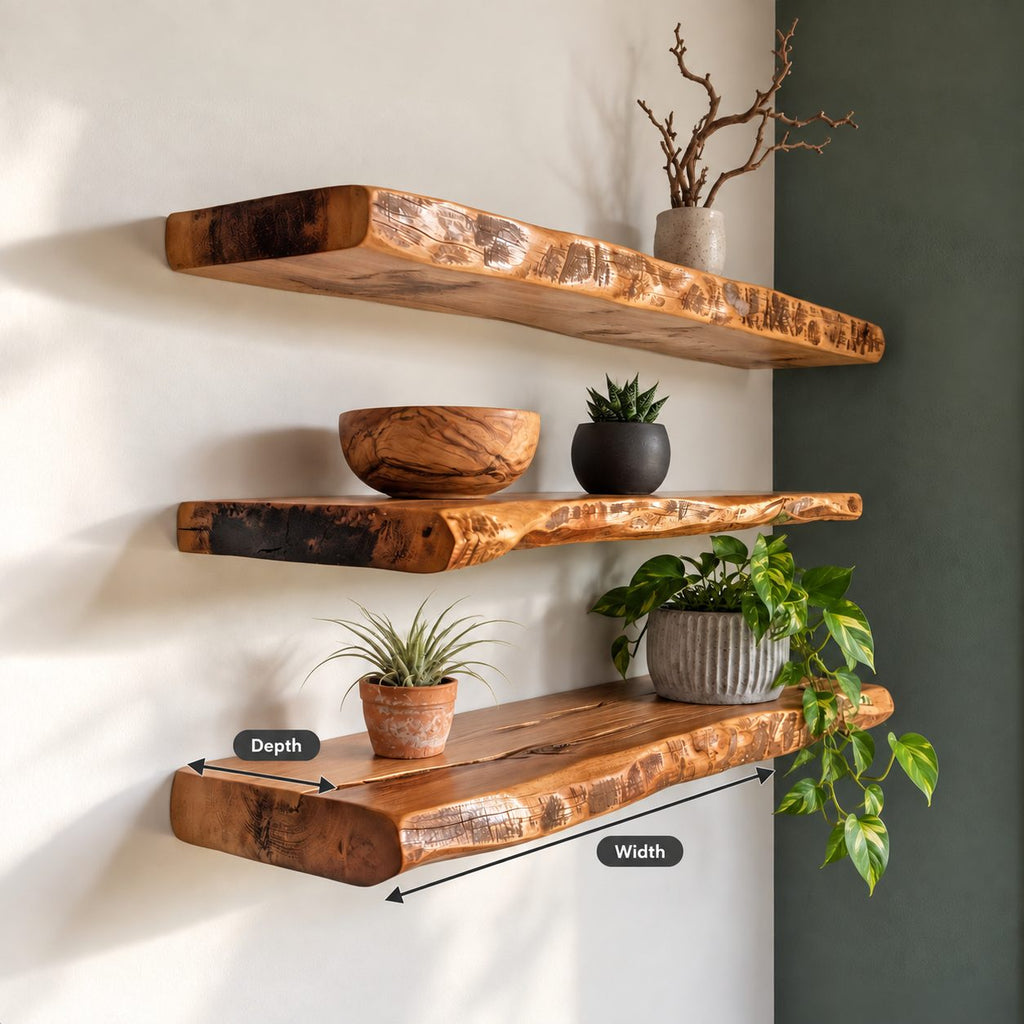 Thick Live Edge Floating Shelf, Solid Wood Slab Wall Shelf with Natural Edge for Living Room & Kitchen