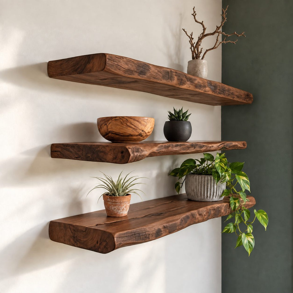 Thick Live Edge Floating Shelf, Solid Wood Slab Wall Shelf with Natural Edge for Living Room & Kitchen