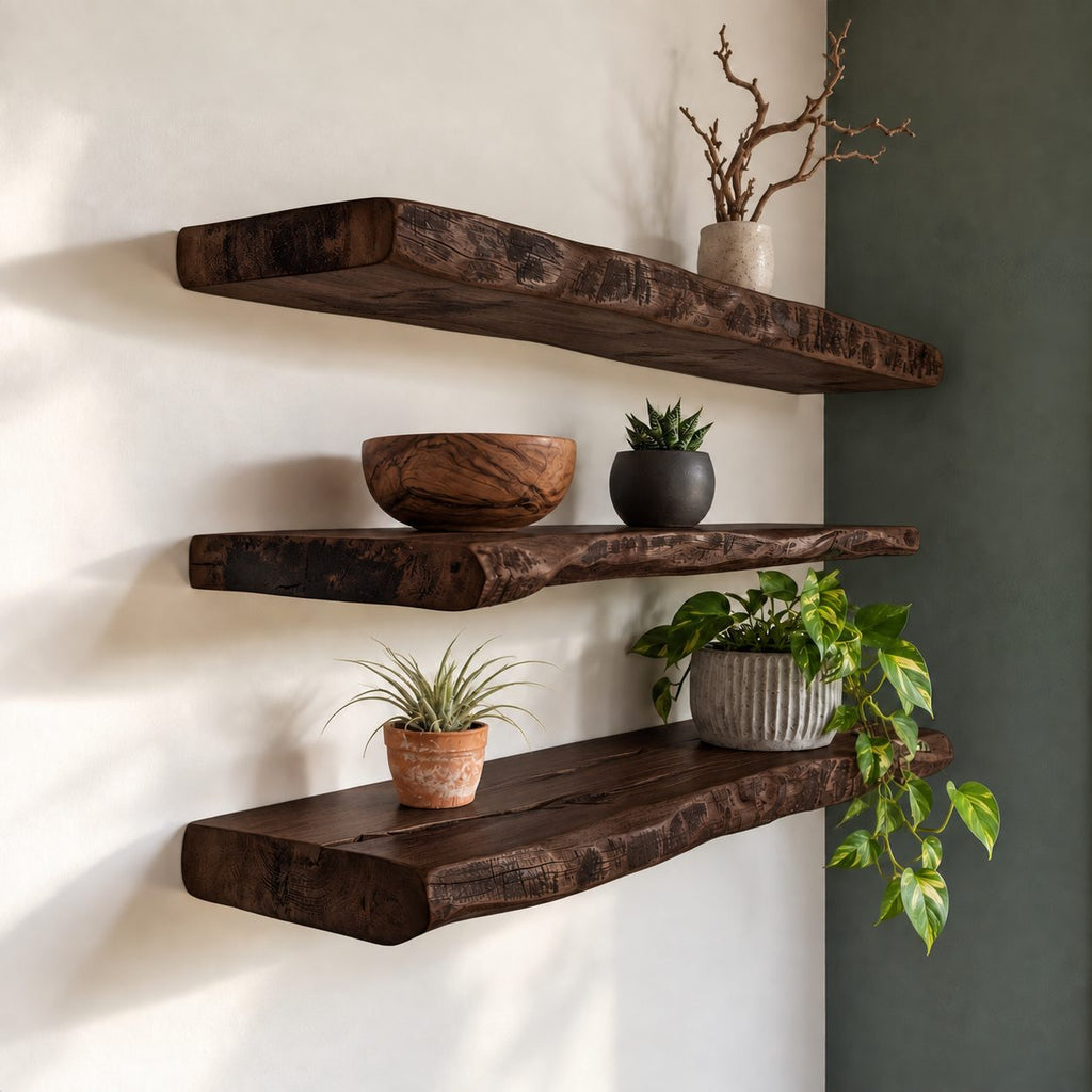 Thick Live Edge Floating Shelf, Solid Wood Slab Wall Shelf with Natural Edge for Living Room & Kitchen