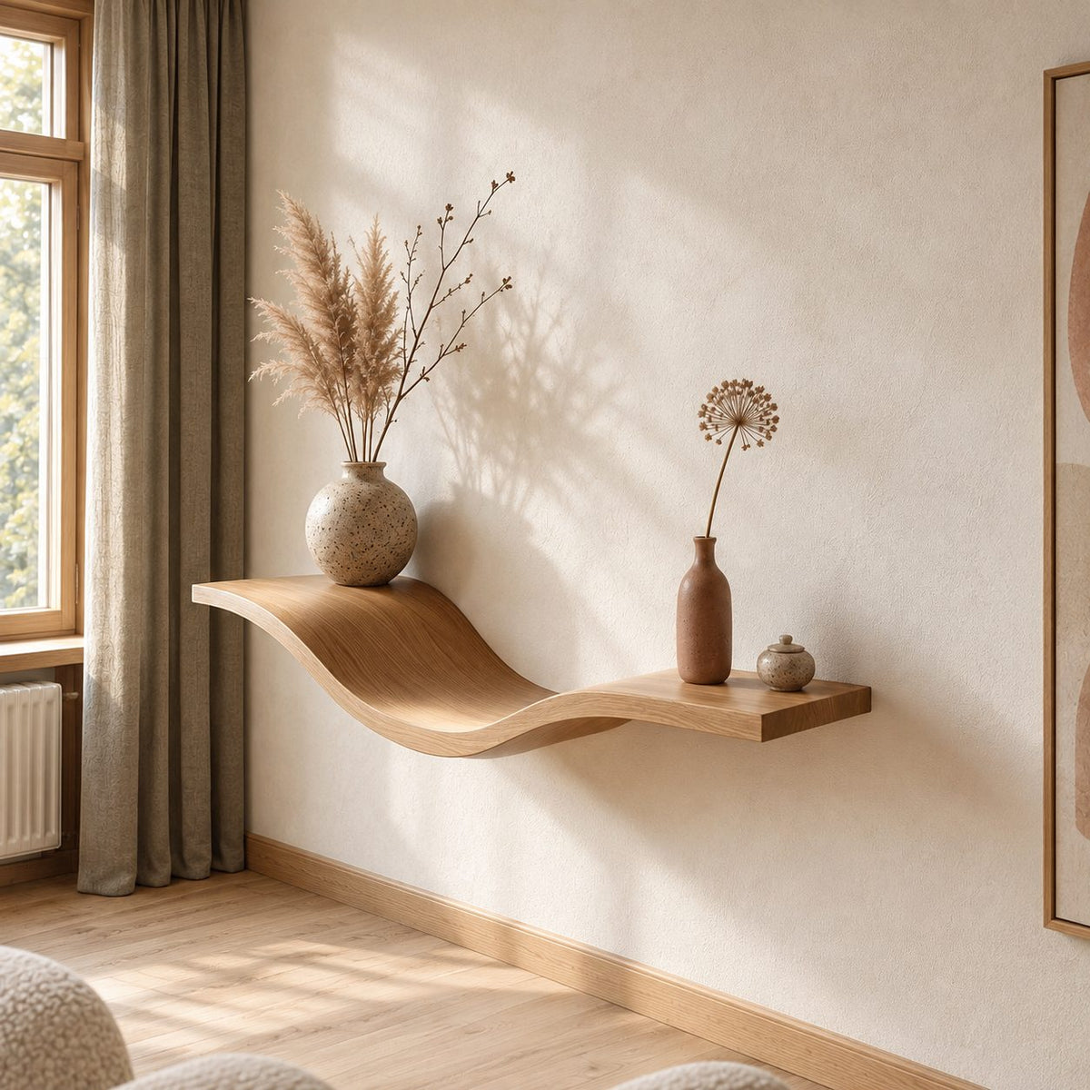 Wave Floating Shelf Sculptural Curved Solid Wood Wall Shelf for Living Room and Entryway