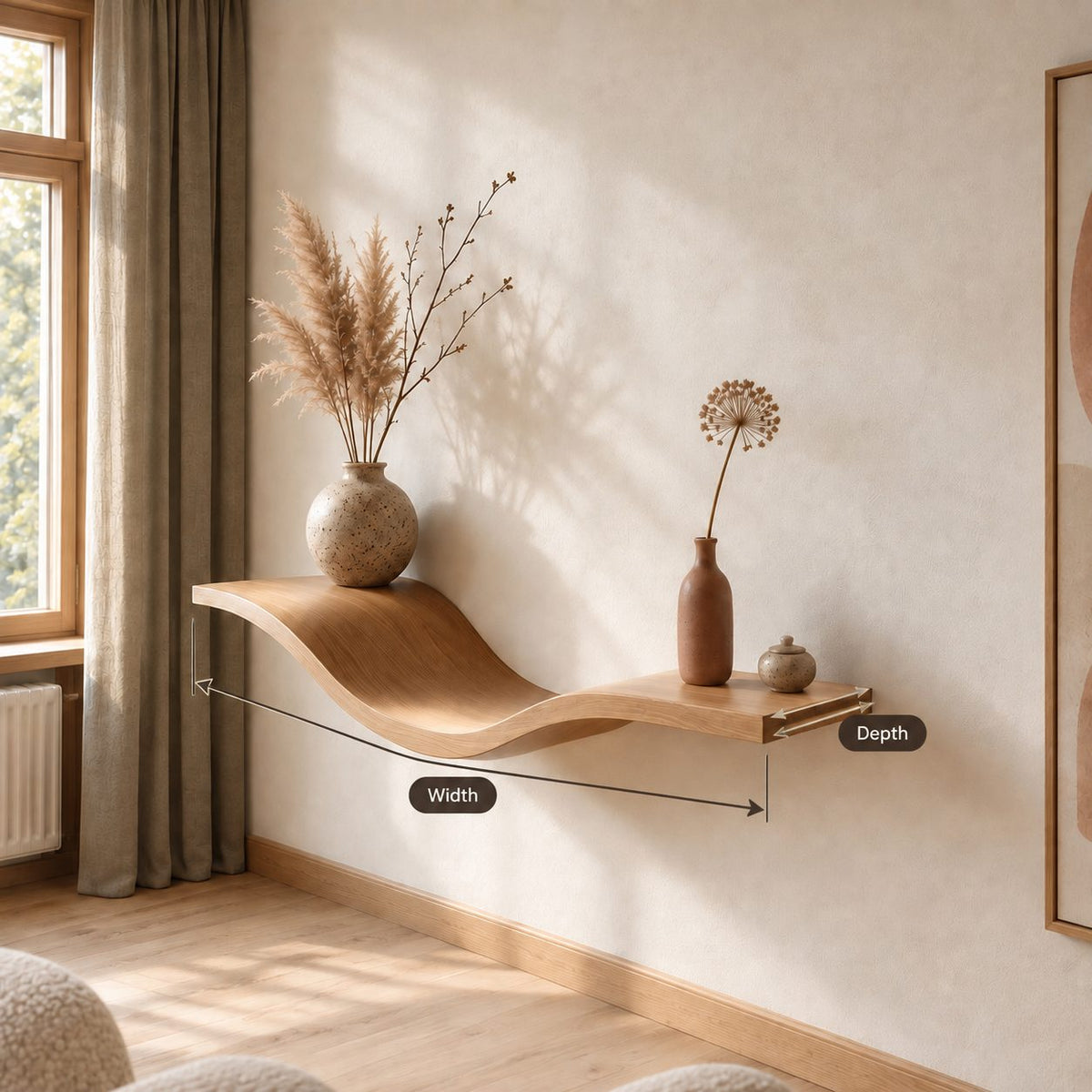 Wave Floating Shelf Sculptural Curved Solid Wood Wall Shelf for Living Room and Entryway