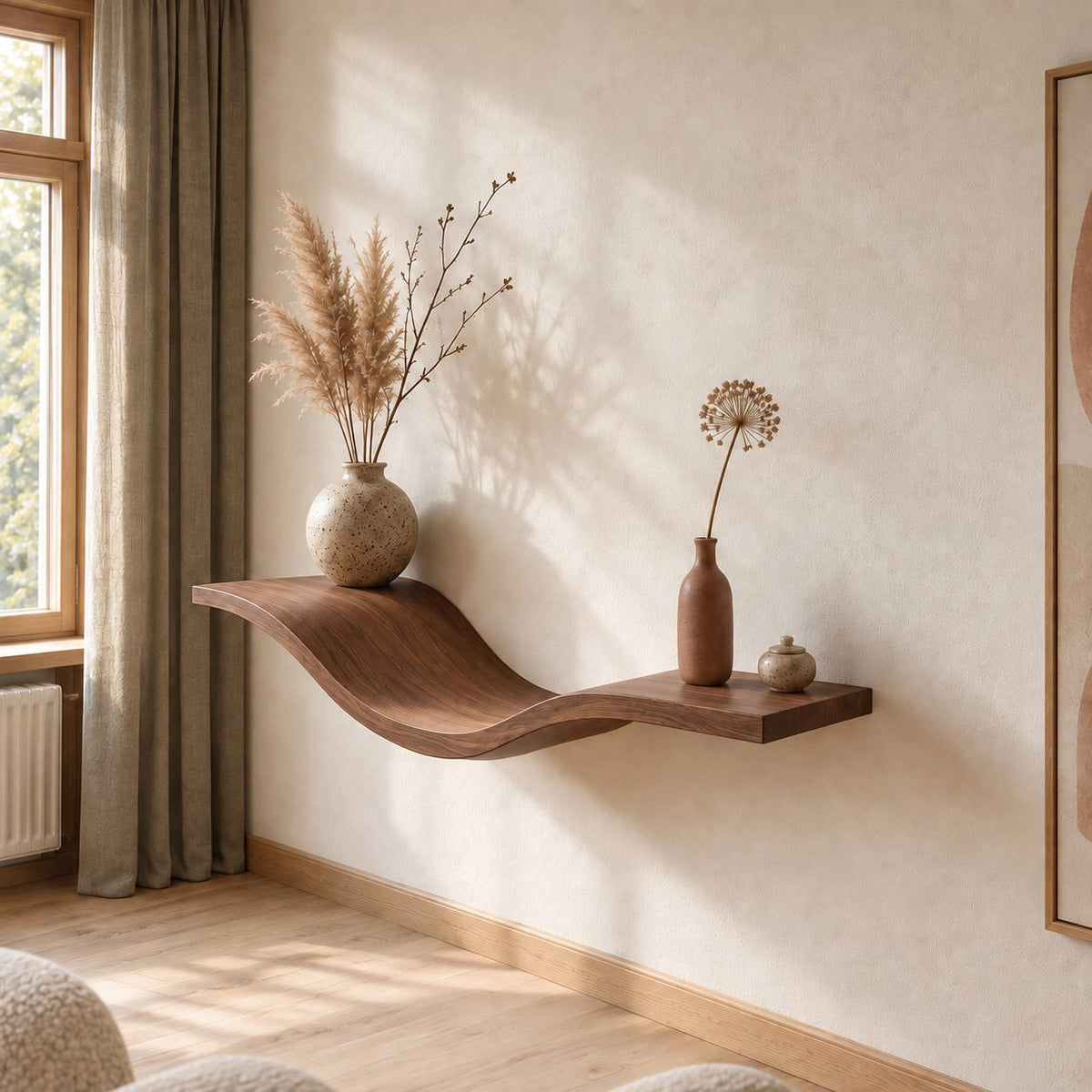 Wave Floating Shelf Sculptural Curved Solid Wood Wall Shelf for Living Room and Entryway