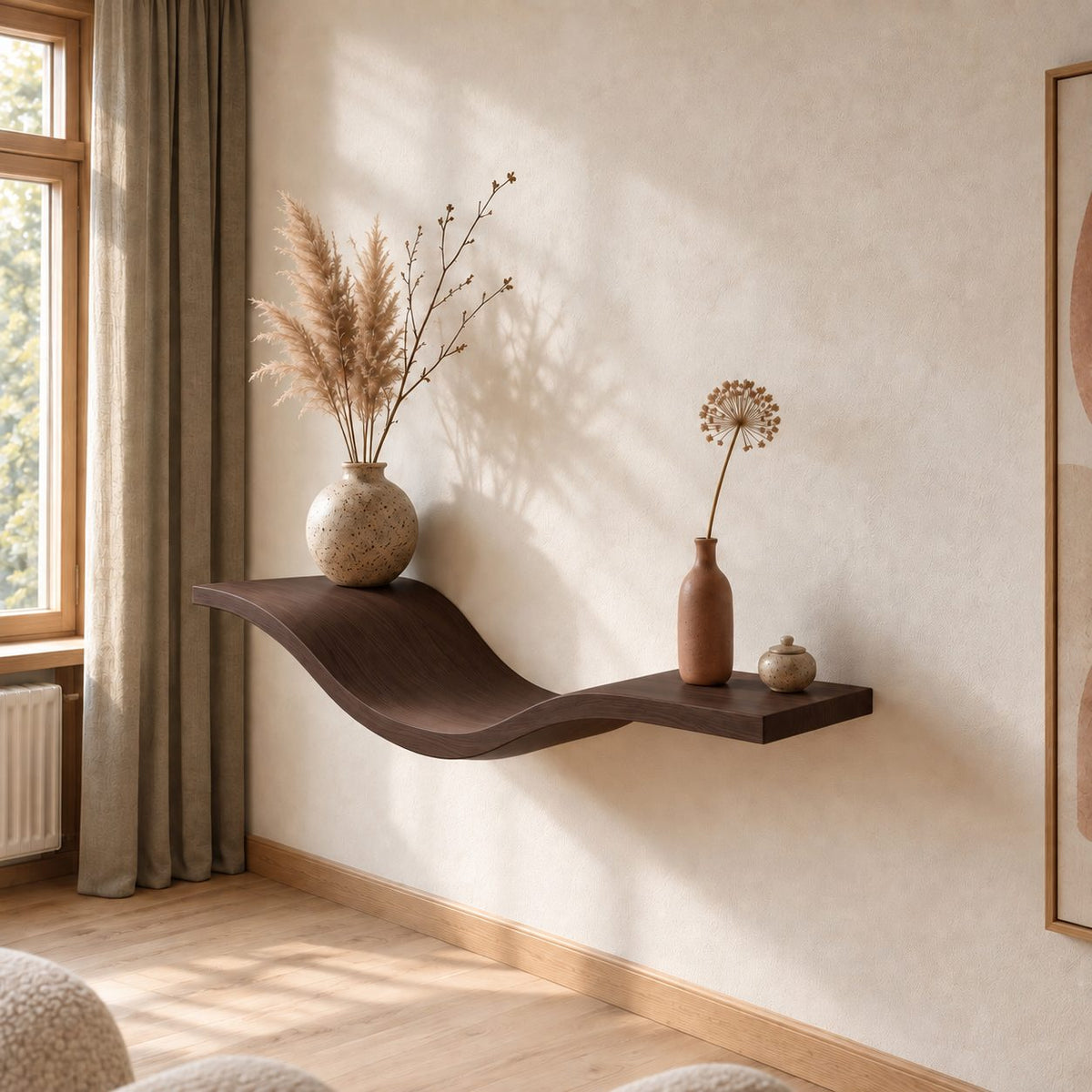 Wave Floating Shelf Sculptural Curved Solid Wood Wall Shelf for Living Room and Entryway
