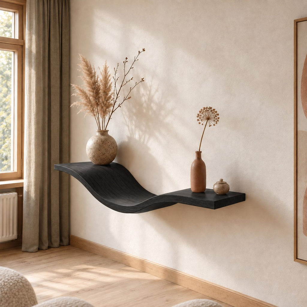 Wave Floating Shelf Sculptural Curved Solid Wood Wall Shelf for Living Room and Entryway