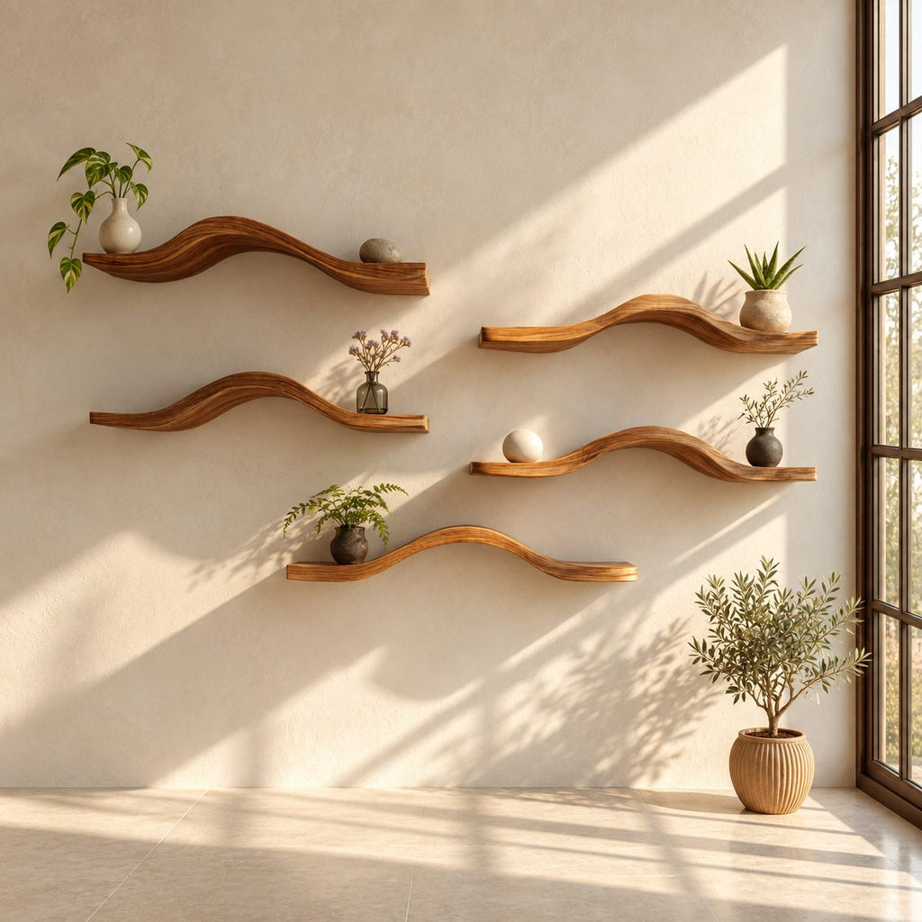Curved Floating Shelf Solid Wood Wavy Wall Shelf, Organic Modern Display Shelf for Plants