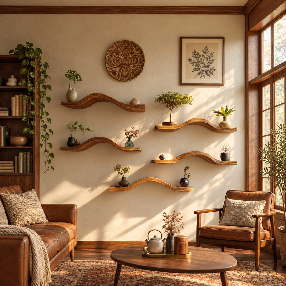 Curved Floating Shelf Solid Wood Wavy Wall Shelf, Organic Modern Display Shelf for Plants