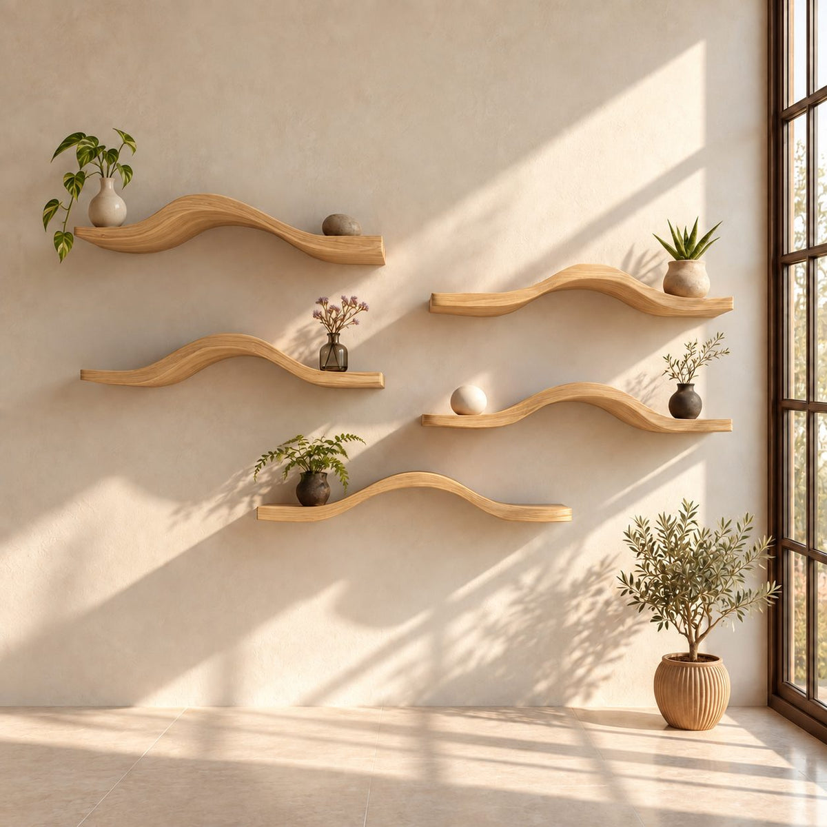 Curved Floating Shelf Solid Wood Wavy Wall Shelf, Organic Modern Display Shelf for Plants