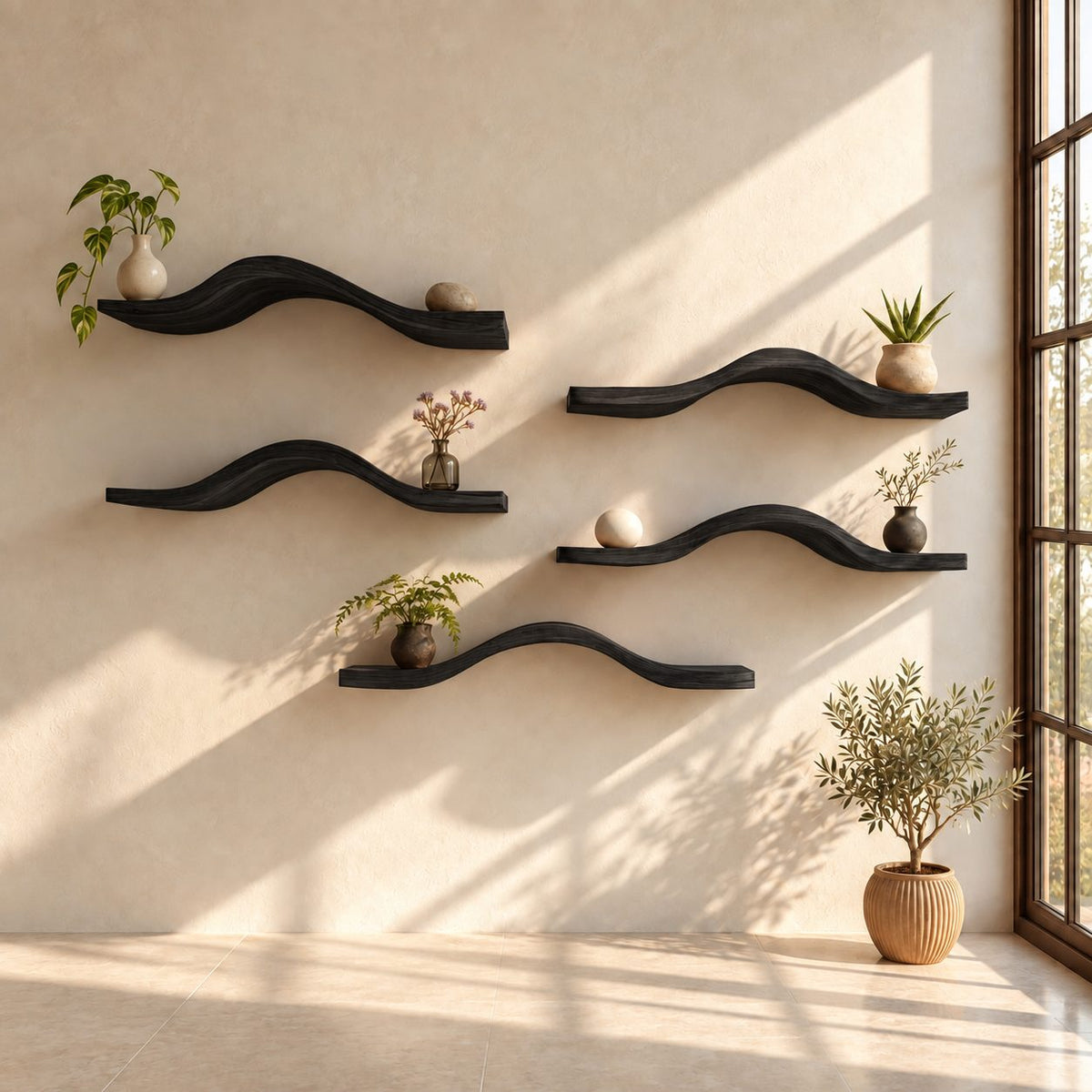 Curved Floating Shelf Solid Wood Wavy Wall Shelf, Organic Modern Display Shelf for Plants