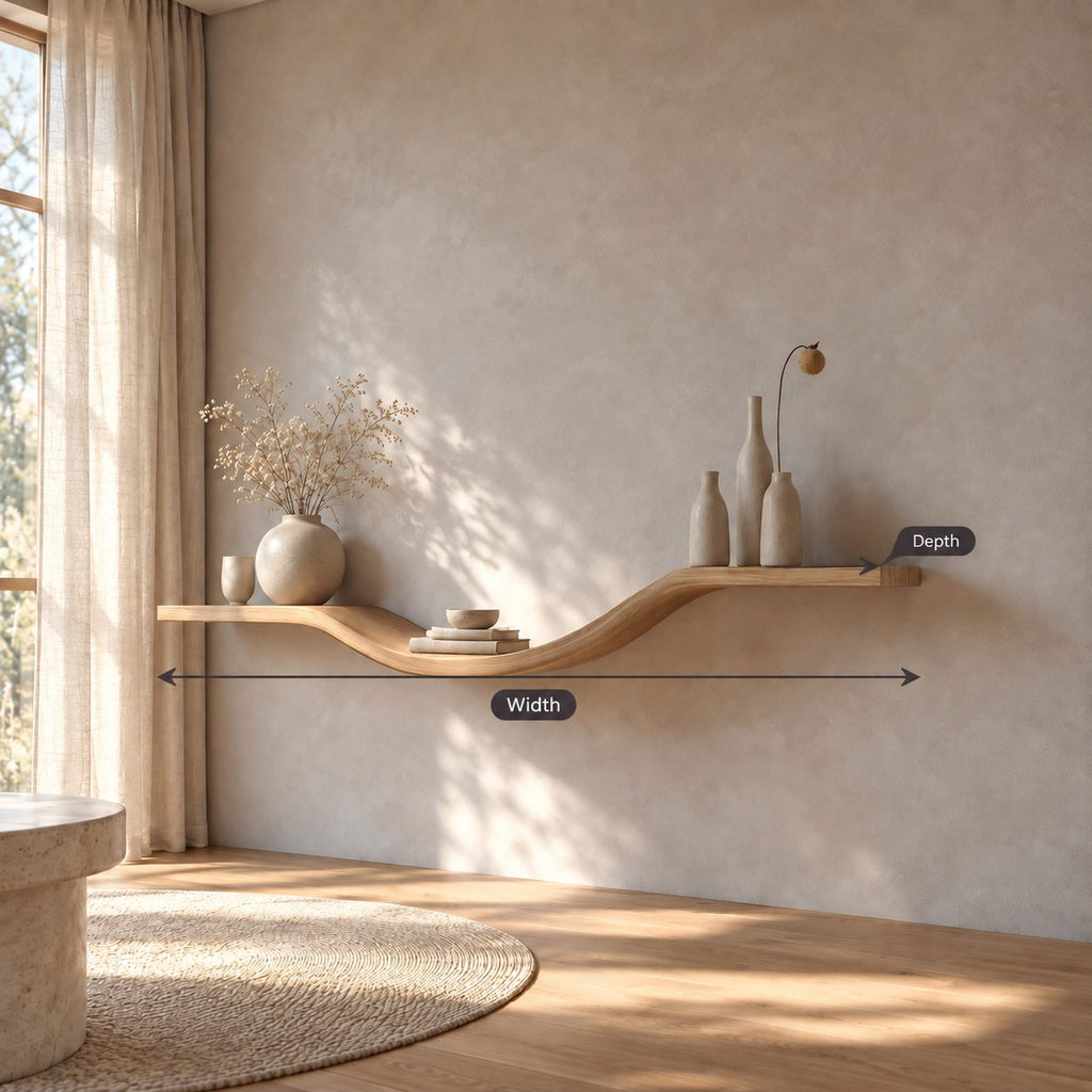 Sculptural Floating Shelf Long Solid Wood Wall Shelf with Low Curved Dip for Entryway