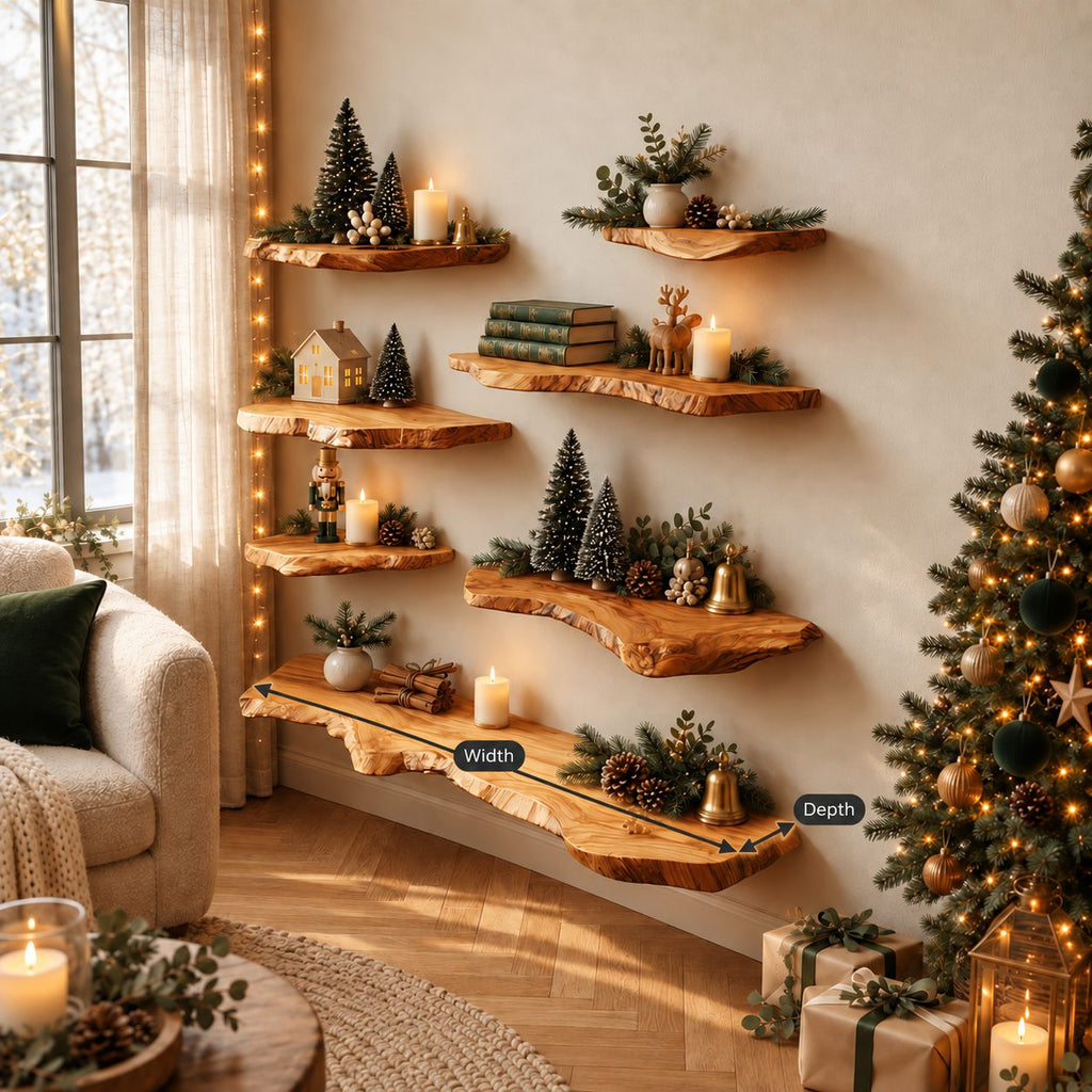 Live Edge Wall Shelf Solid Wood Floating Shelf with Flowing Natural Edge for Living Room Display