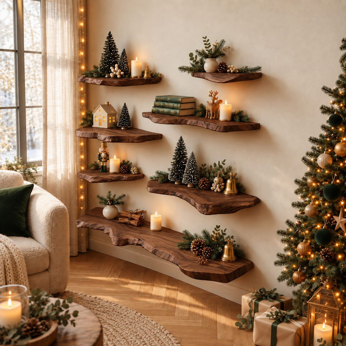 Live Edge Wall Shelf Solid Wood Floating Shelf with Flowing Natural Edge for Living Room Display