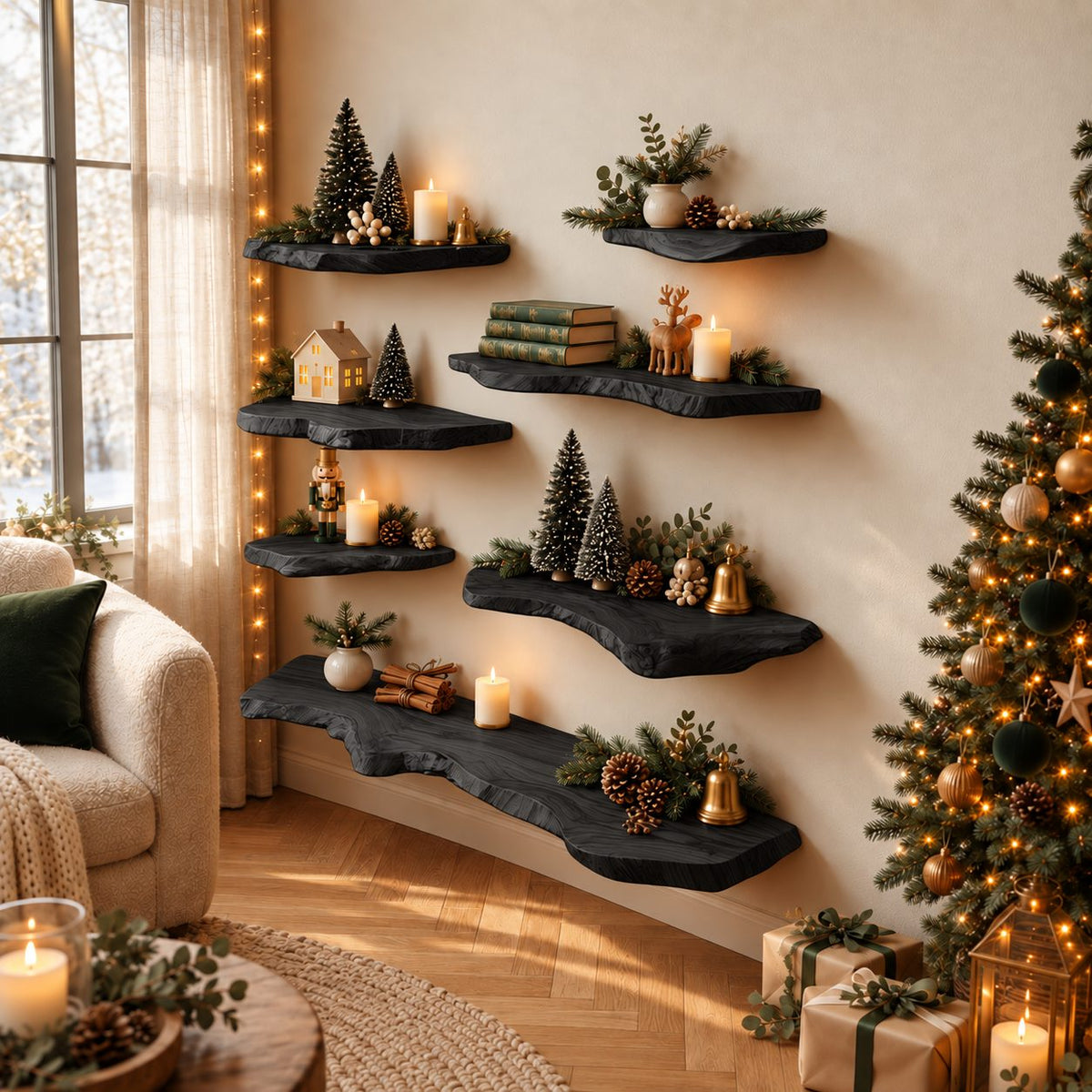 Live Edge Wall Shelf Solid Wood Floating Shelf with Flowing Natural Edge for Living Room Display