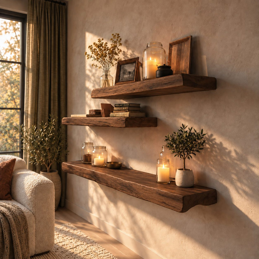 Rustic Floating Shelf Chunky Solid Wood Beam Shelf with Textured Grain for Living Room or Bedroom