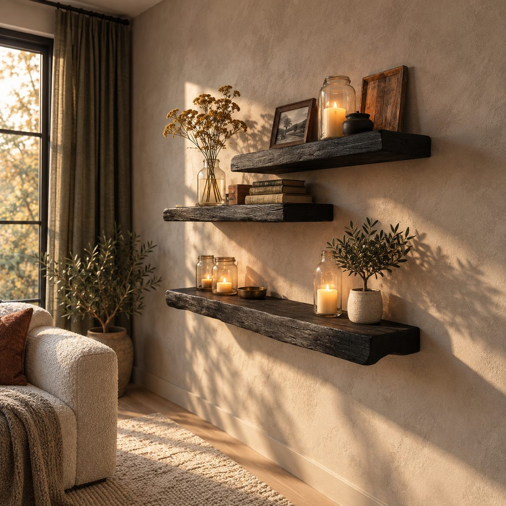 Rustic Floating Shelf Chunky Solid Wood Beam Shelf with Textured Grain for Living Room or Bedroom