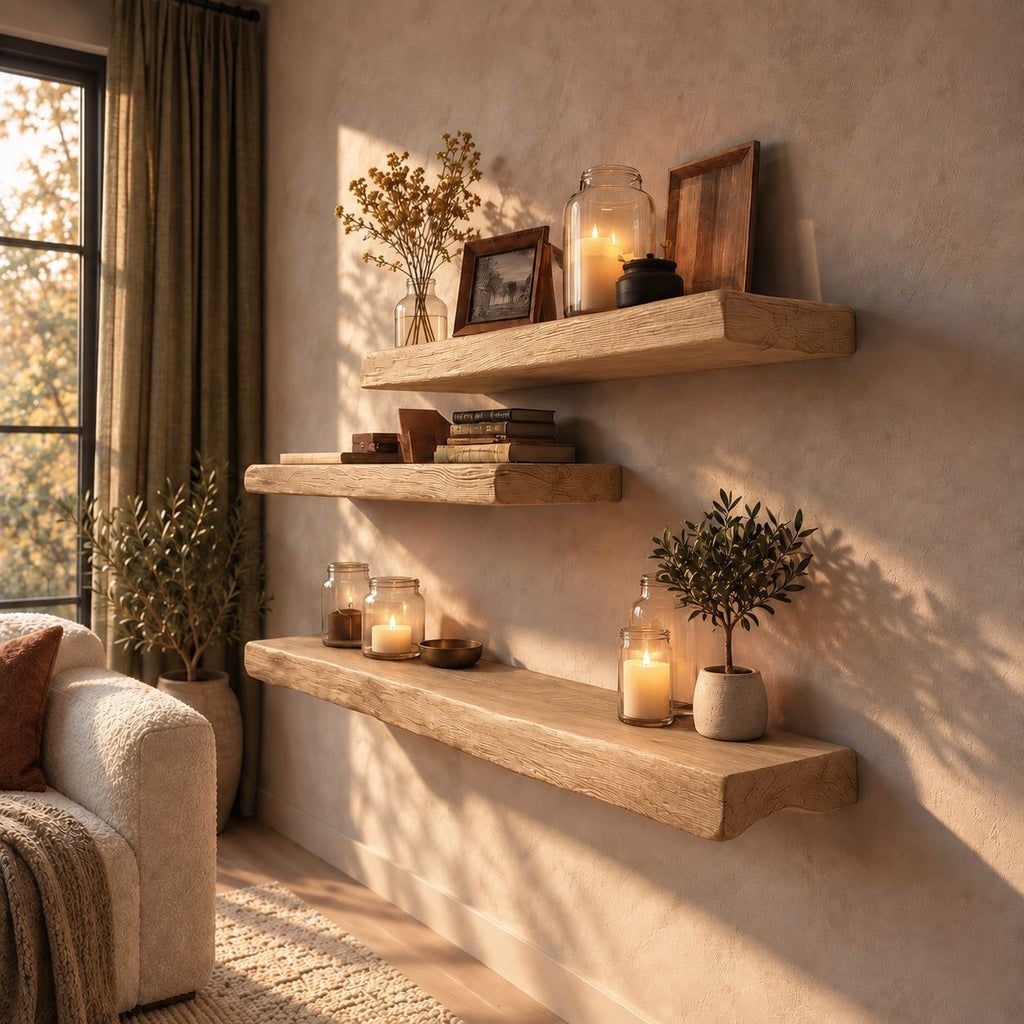 Rustic Floating Shelf Chunky Solid Wood Beam Shelf with Textured Grain for Living Room or Bedroom