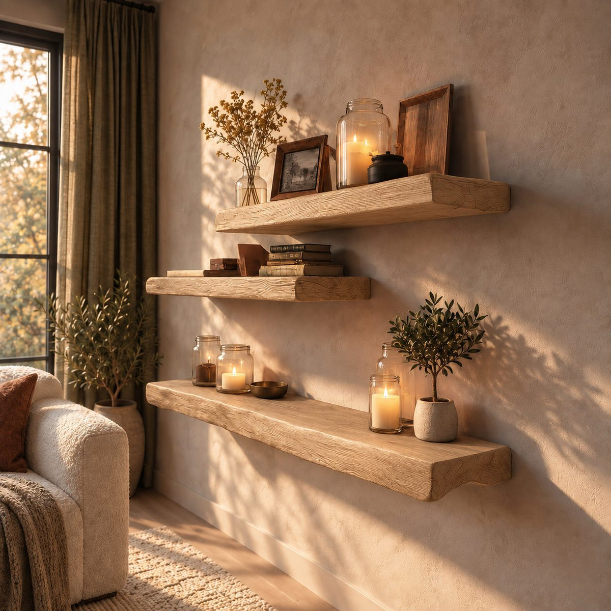 Rustic Floating Shelf Chunky Solid Wood Beam Shelf with Textured Grain for Living Room or Bedroom