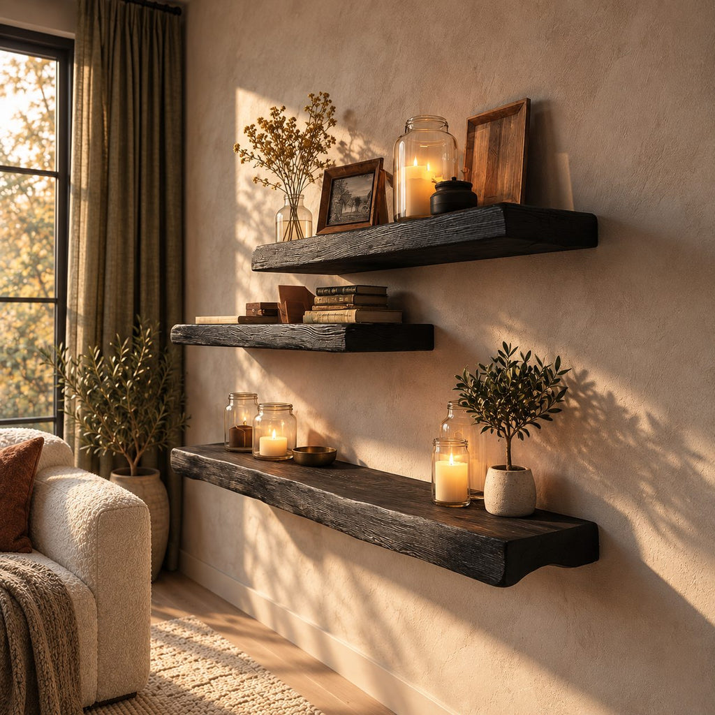 Rustic Floating Shelf Chunky Solid Wood Beam Shelf with Textured Grain for Living Room or Bedroom
