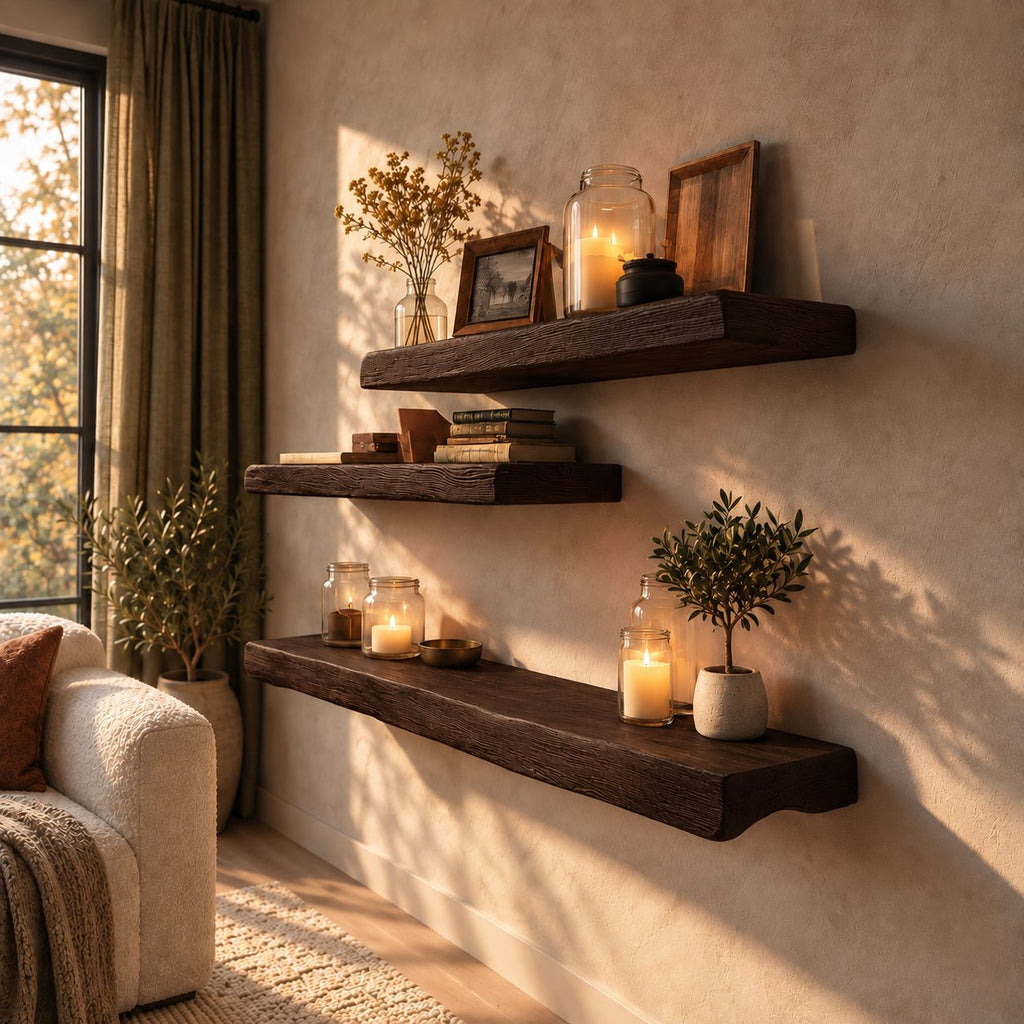 Rustic Floating Shelf Chunky Solid Wood Beam Shelf with Textured Grain for Living Room or Bedroom