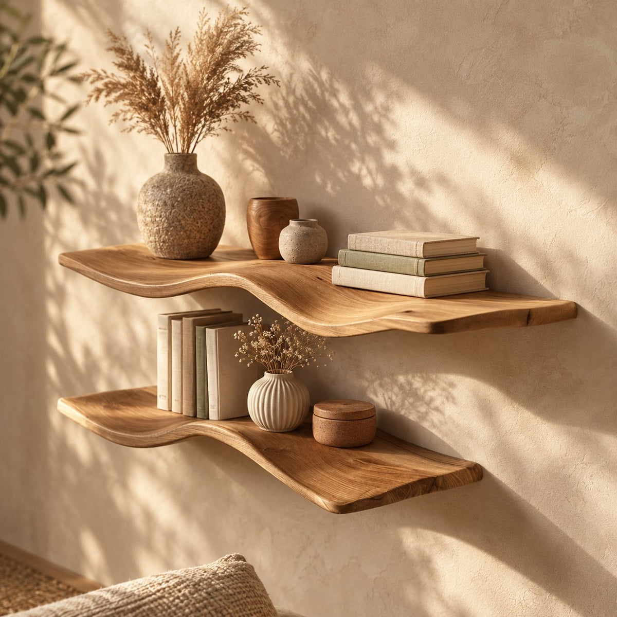 Wavy Floating Shelf, Thick Solid Wood Curved Wall Shelf with Organic Sculpted Edge for Living Room