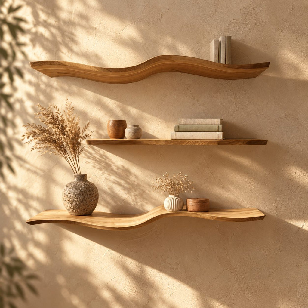 Wavy Floating Shelf, Thick Solid Wood Curved Wall Shelf with Organic Sculpted Edge for Living Room