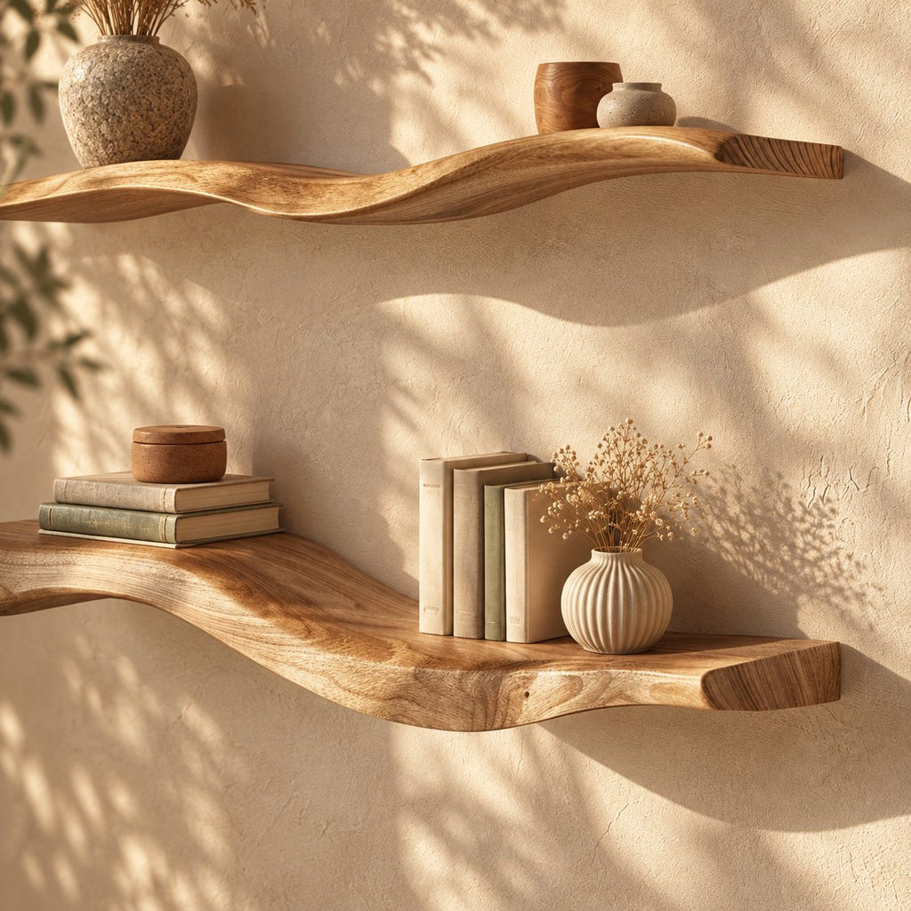 Wavy Floating Shelf, Thick Solid Wood Curved Wall Shelf with Organic Sculpted Edge for Living Room