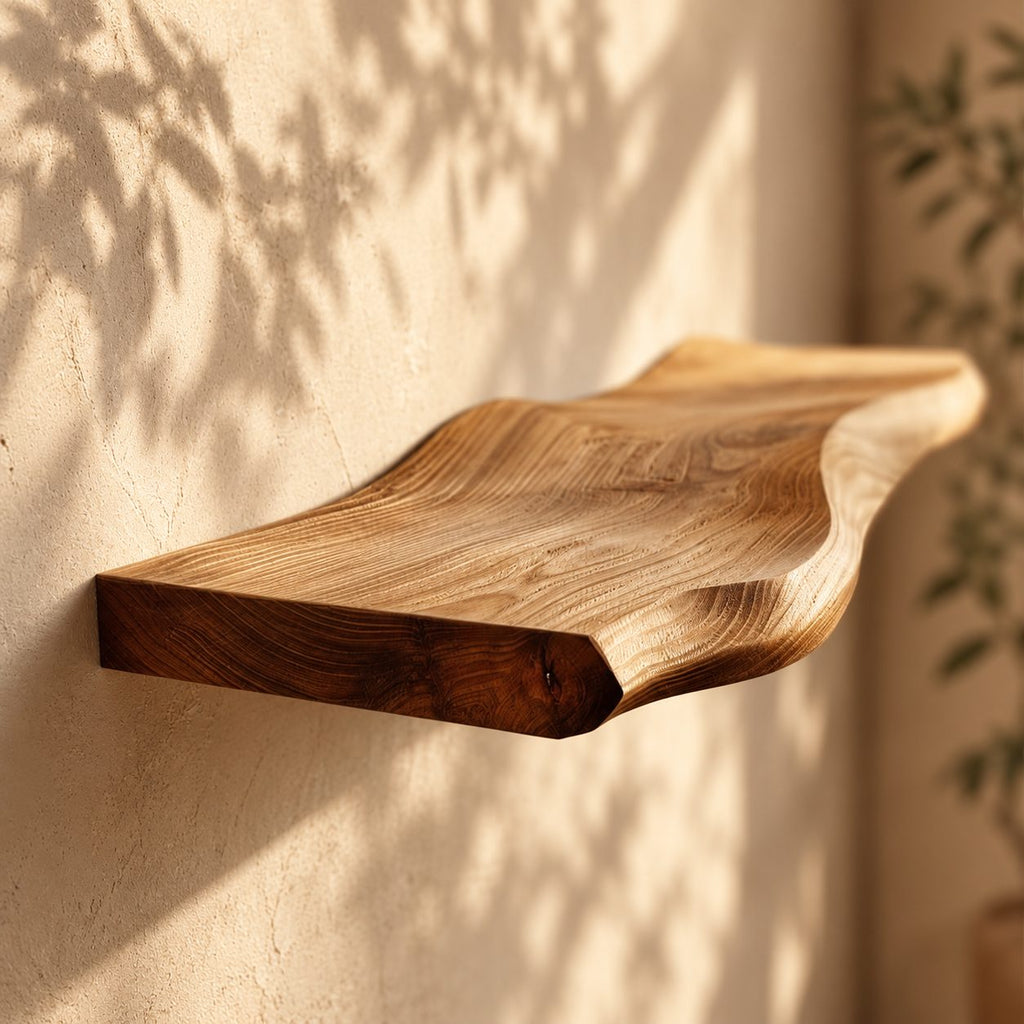 Wavy Floating Shelf, Thick Solid Wood Curved Wall Shelf with Organic Sculpted Edge for Living Room