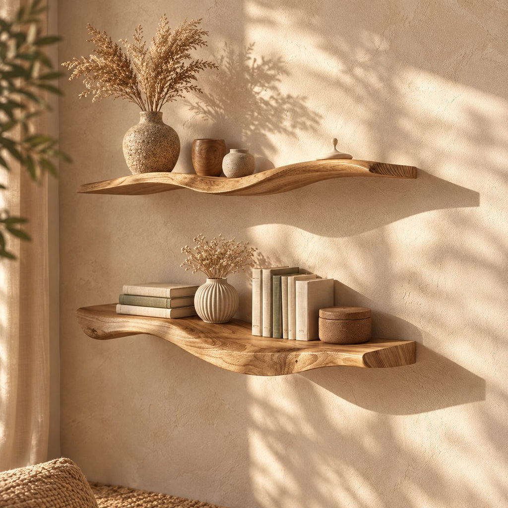 Wavy Floating Shelf, Thick Solid Wood Curved Wall Shelf with Organic Sculpted Edge for Living Room