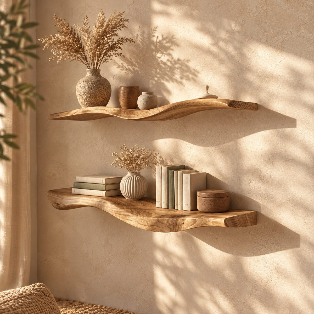 Wavy Floating Shelf, Thick Solid Wood Curved Wall Shelf with Organic Sculpted Edge for Living Room
