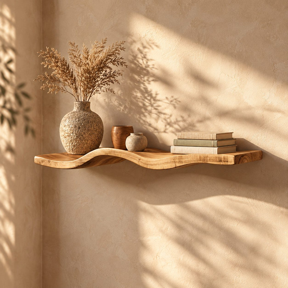 Wavy Floating Shelf, Thick Solid Wood Curved Wall Shelf with Organic Sculpted Edge for Living Room