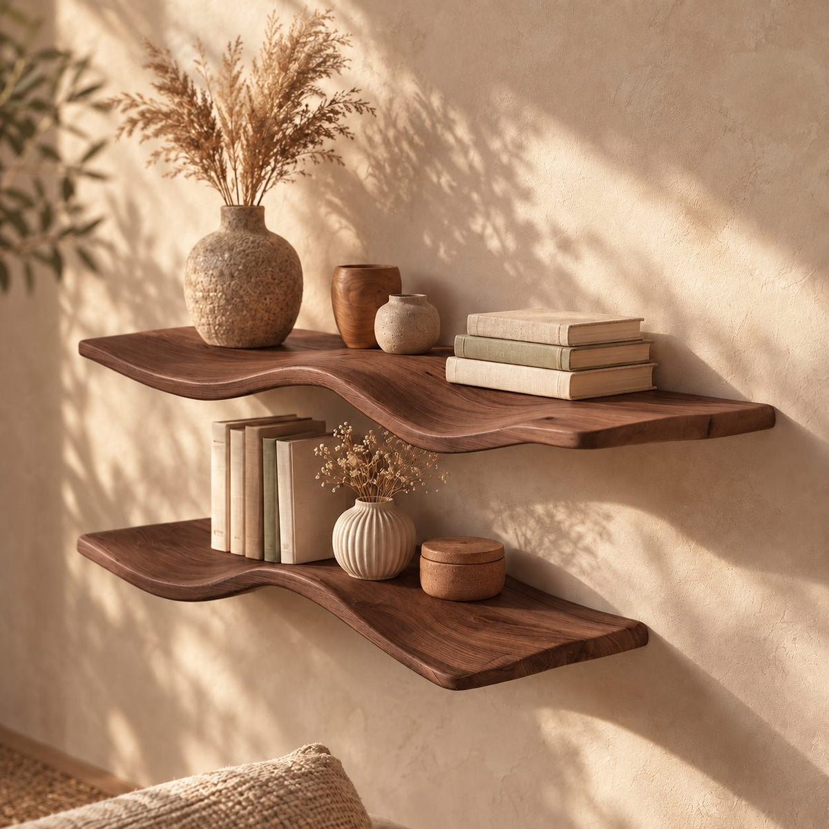 Wavy Floating Shelf, Thick Solid Wood Curved Wall Shelf with Organic Sculpted Edge for Living Room