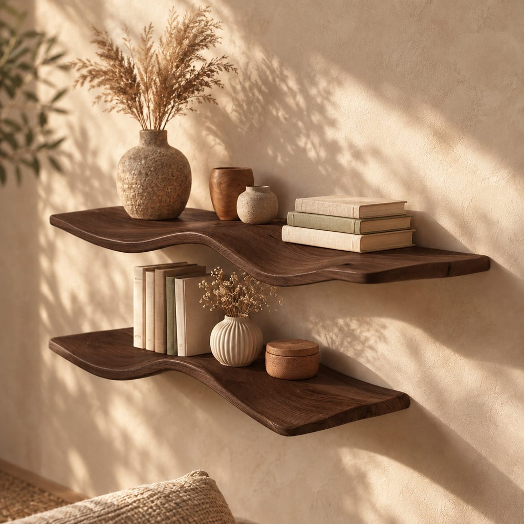 Wavy Floating Shelf, Thick Solid Wood Curved Wall Shelf with Organic Sculpted Edge for Living Room