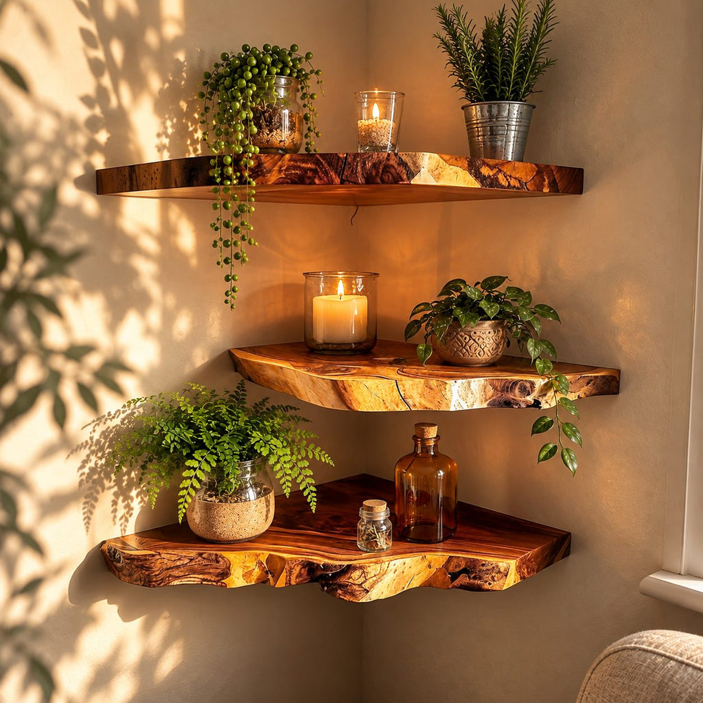 Corner Shelf Live Edge Solid Wood Floating Corner Shelf with Natural Front Edge for Living Room