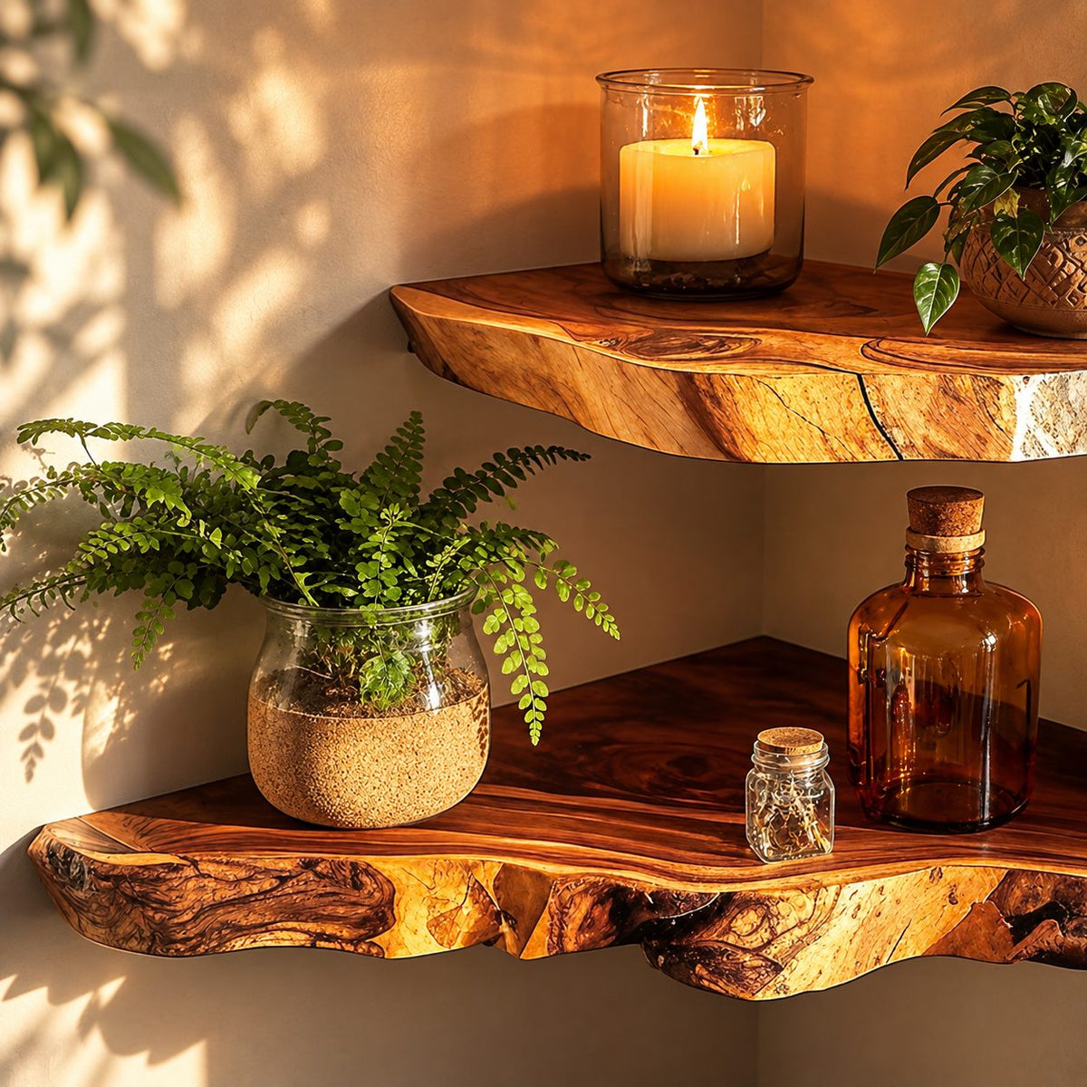 Corner Shelf Live Edge Solid Wood Floating Corner Shelf with Natural Front Edge for Living Room