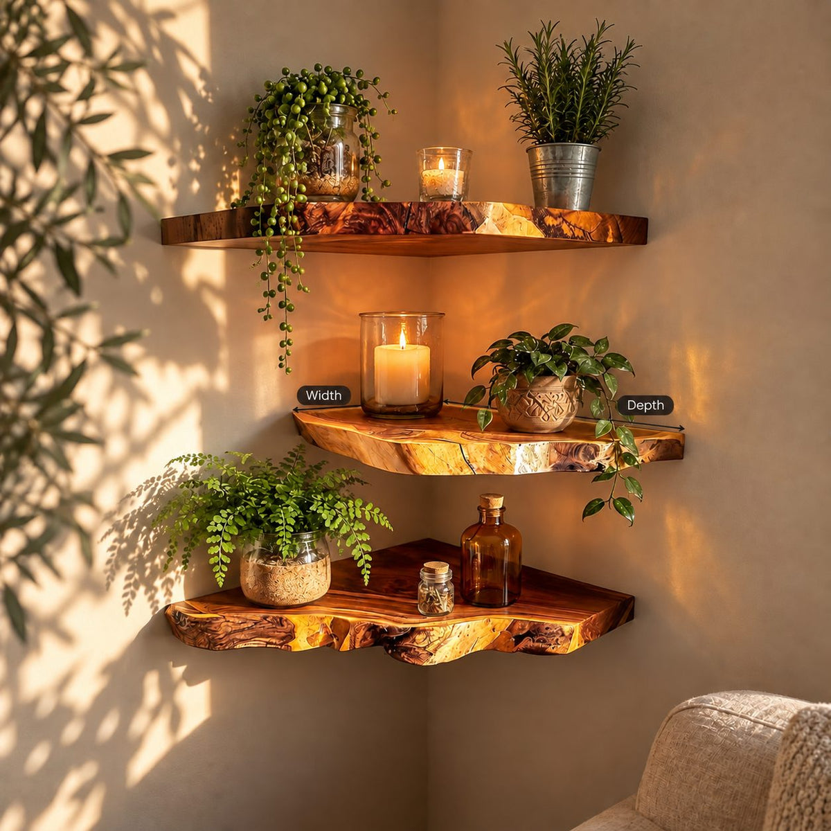 Corner Shelf Live Edge Solid Wood Floating Corner Shelf with Natural Front Edge for Living Room