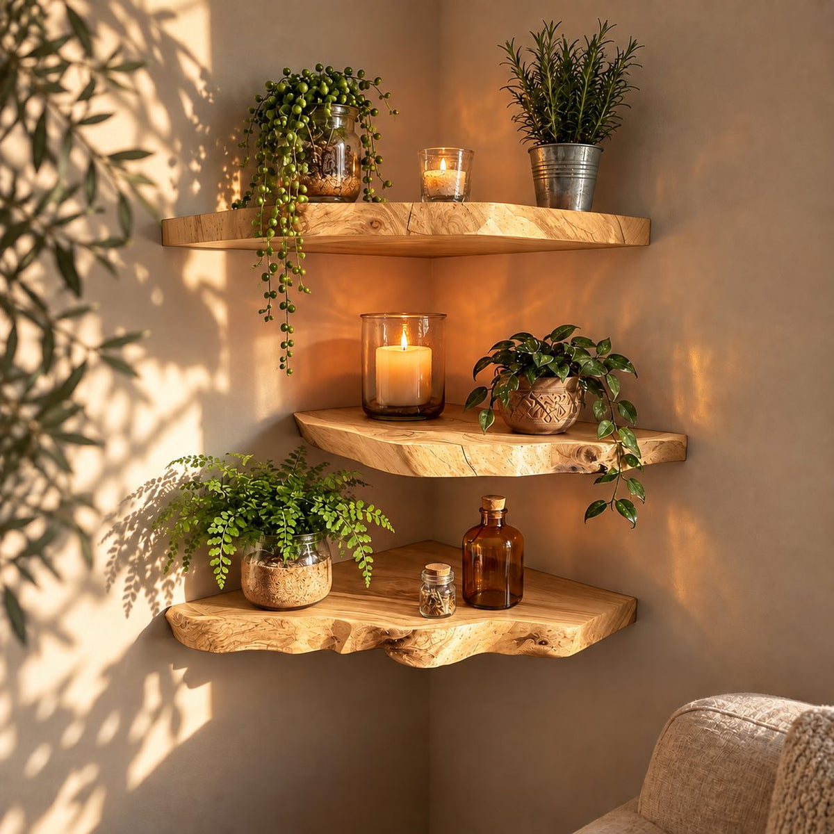 Corner Shelf Live Edge Solid Wood Floating Corner Shelf with Natural Front Edge for Living Room