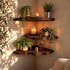 Corner Shelf Live Edge Solid Wood Floating Corner Shelf with Natural Front Edge for Living Room