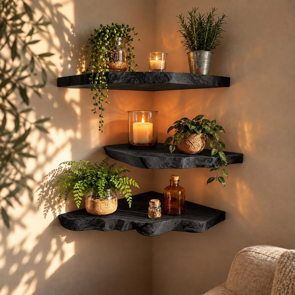 Corner Shelf Live Edge Solid Wood Floating Corner Shelf with Natural Front Edge for Living Room