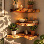 Live Edge Corner Floating Shelf, Thick Solid Wood Corner Shelf with Swirling Grain and Wavy Natural Edge